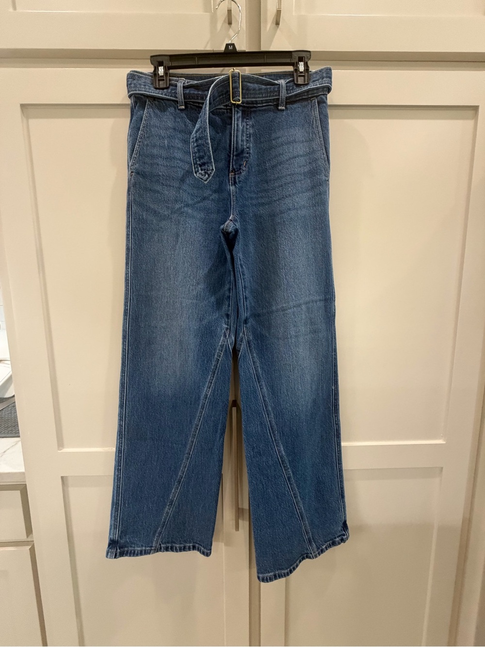 LOFT women’s Wide-Leg Denim Jeans in Medium Blue with Belt